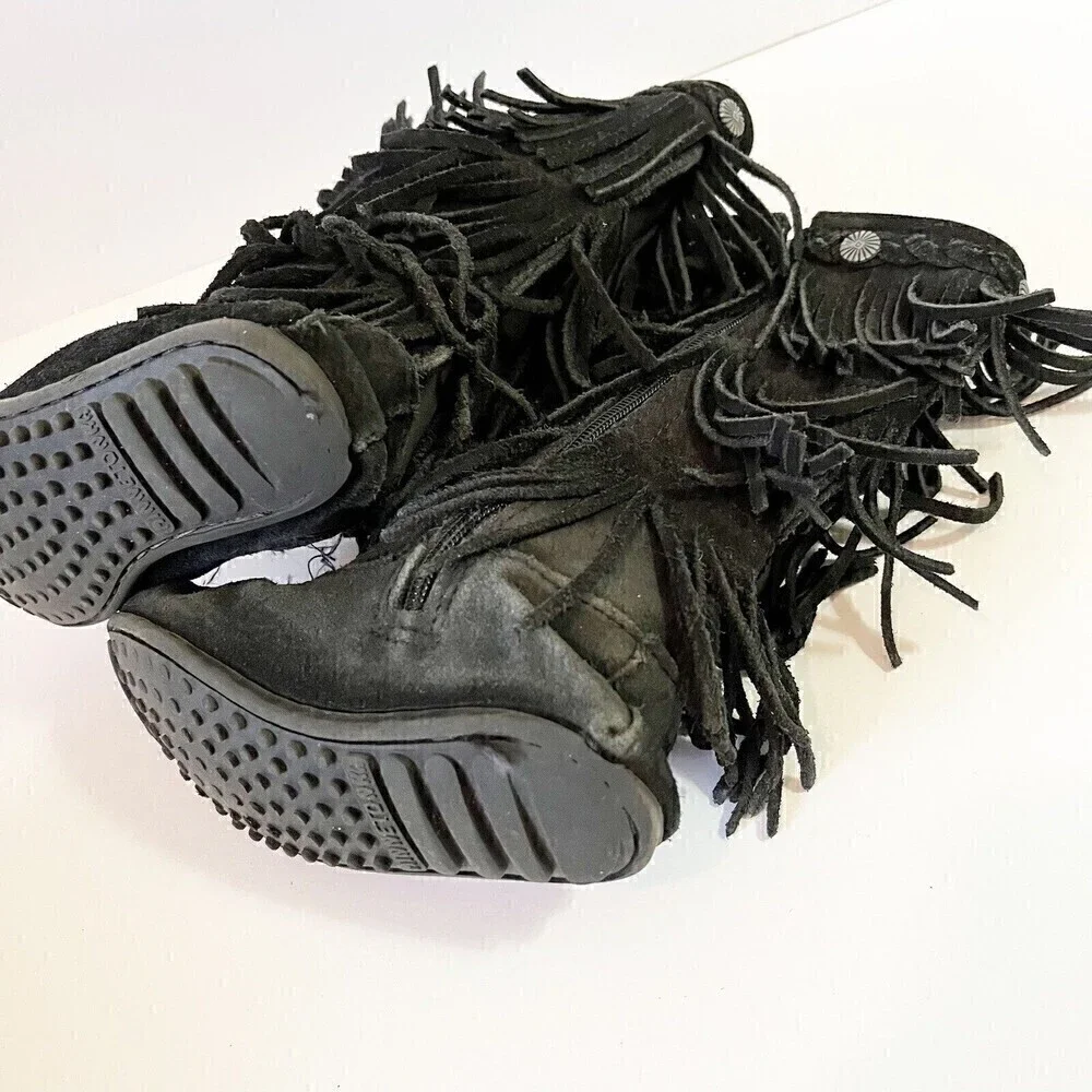 Minnetonka Moccasin Girls Black Boots 3 Layer Fringe Sz 12 Syle 2659 Leather